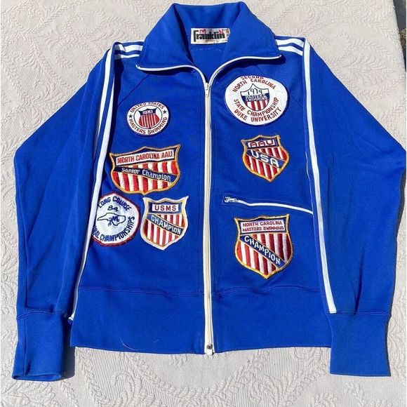 VTG 1980s Masters Swimming Jacket‎ Women’s XS Franklin Retro Patches Zip Blue - Picture 1 of 15